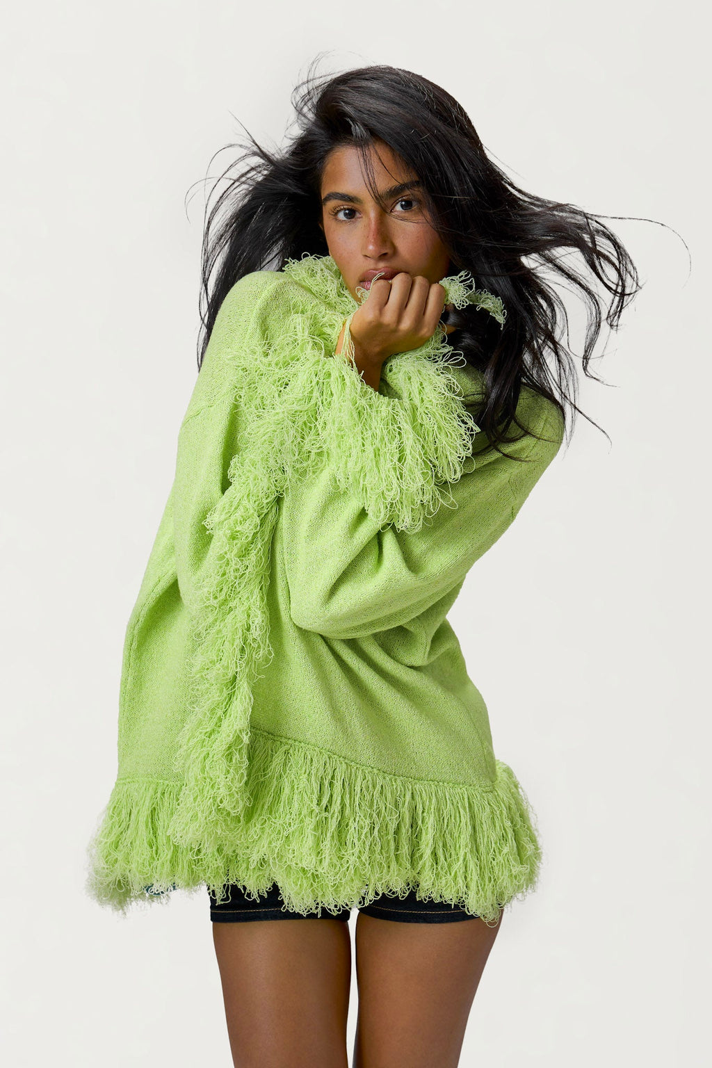 Santana Fringe Cardigan in Lime