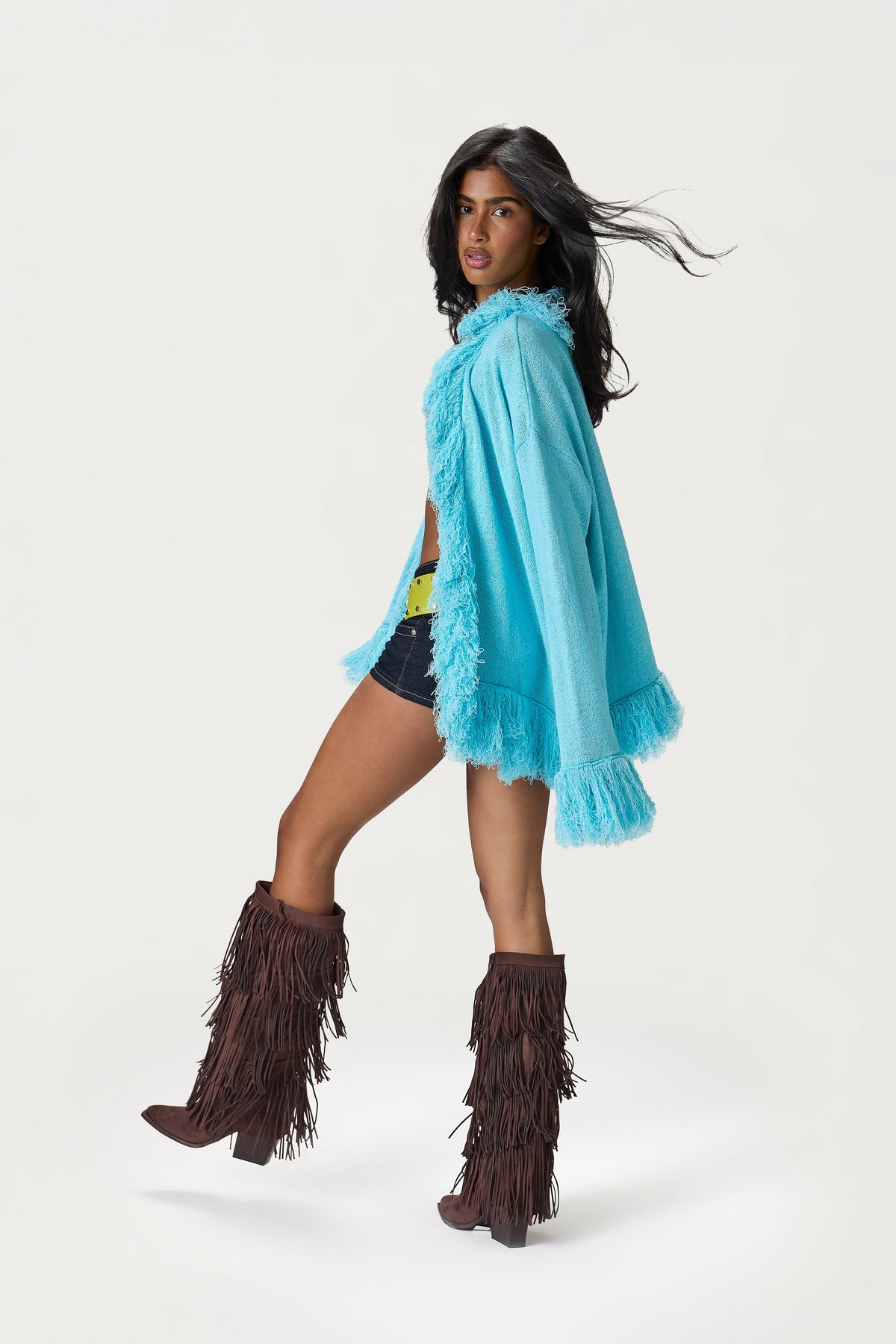 Santana Fringe Cardigan in Aqua