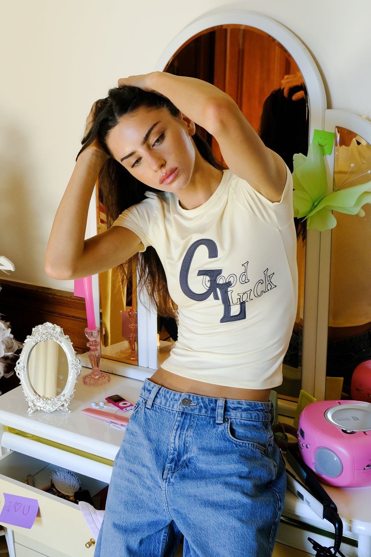 Good Luck Stretch Baby Tee in Yellow