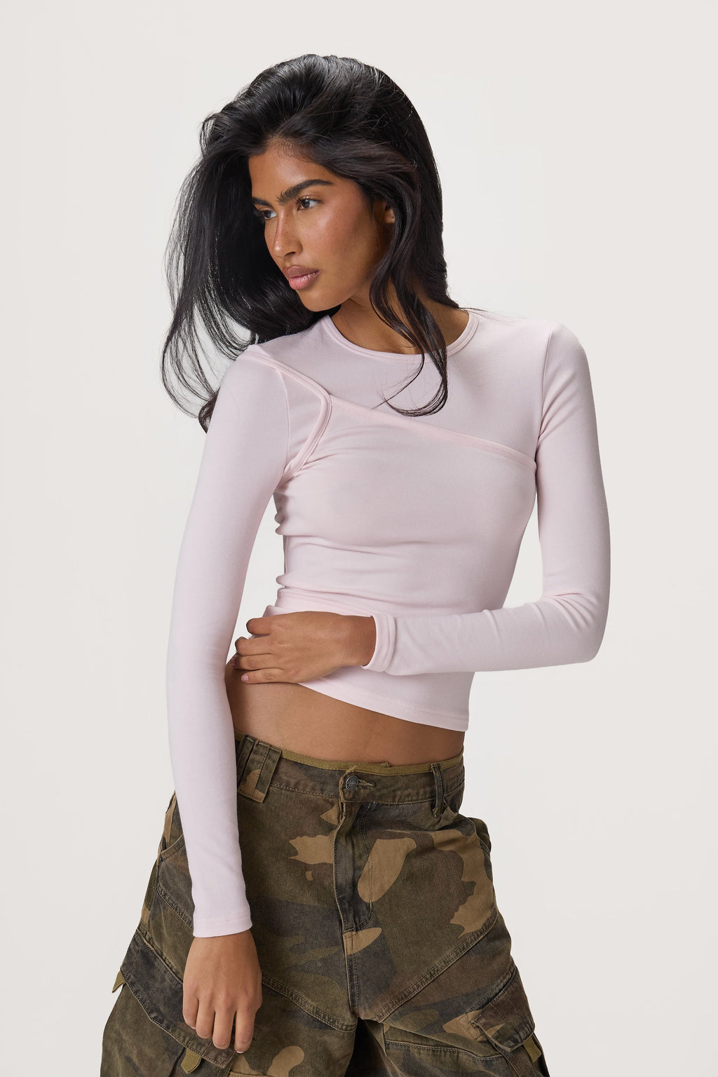 Lenzie Layered Long Sleeve Top in Light Pink