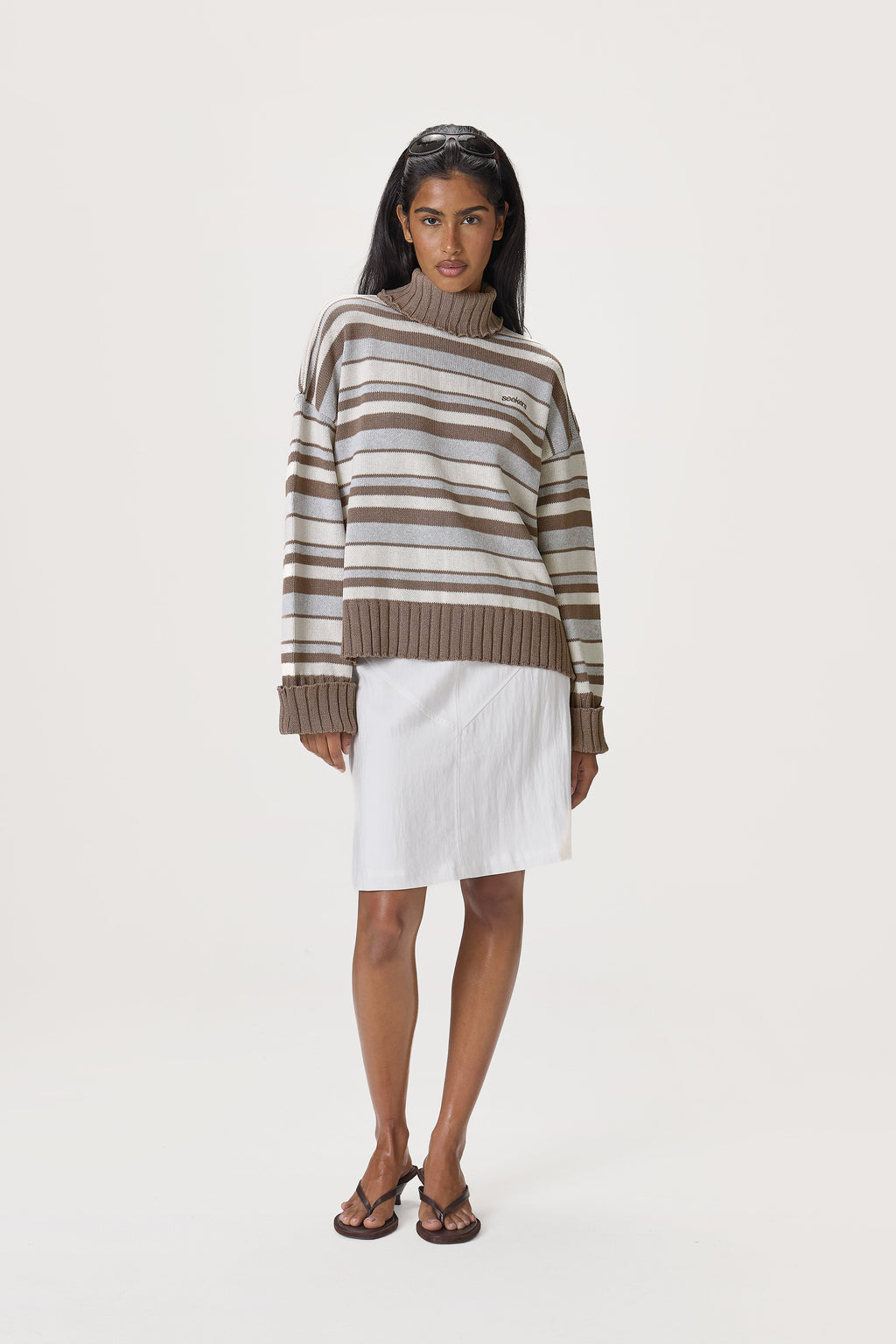 Bella Stripe Roll Neck in Neutral Stripe