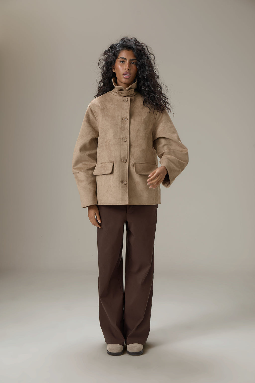 Elmer Faux Suede Button Jacket in Tan